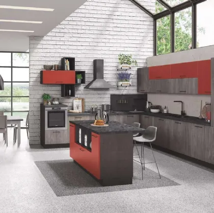 Cucina Moderna con isola Cloe 03 Rovere Smoky e Rosso Cocktail di Net Cucine