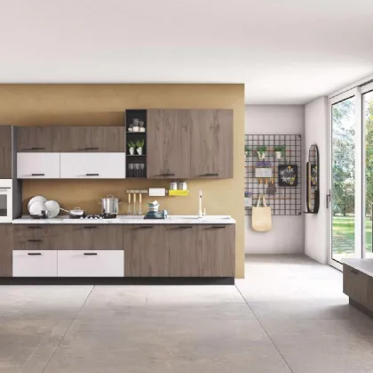 Cucina Moderna New Smart 07 Noce Bosco e Cemento Bianco di Net Cucine