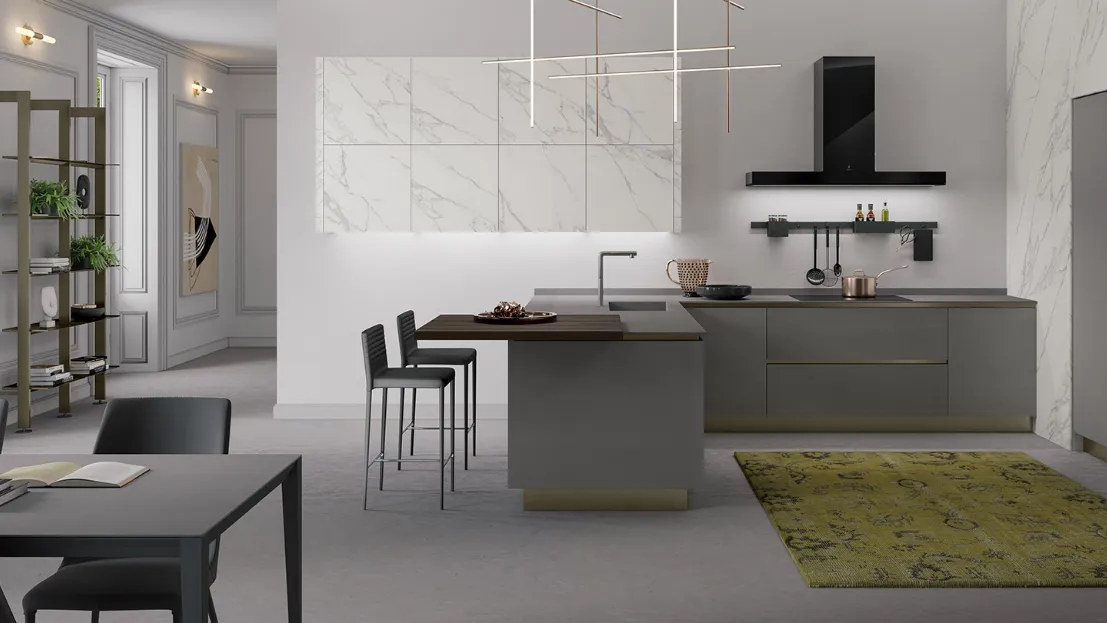 Cucina Moderna con penisola Stratos in Gres White Marble e Gres Grey di Mobilturi