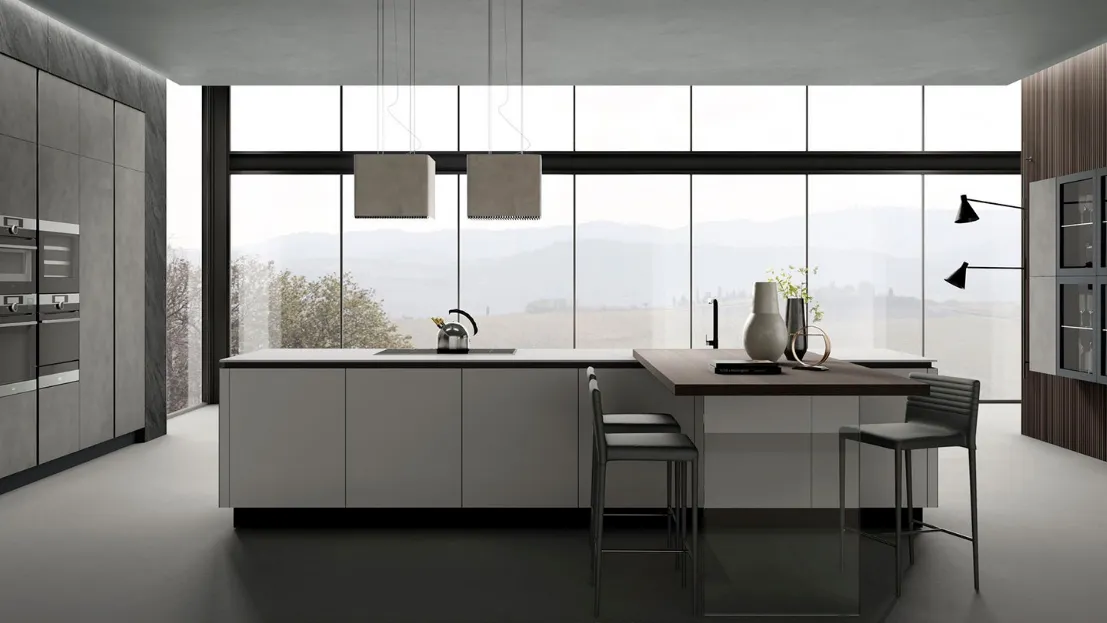 Cucina Moderna con isola Stratos in HPL grigio cemento e gesso di Mobilturi