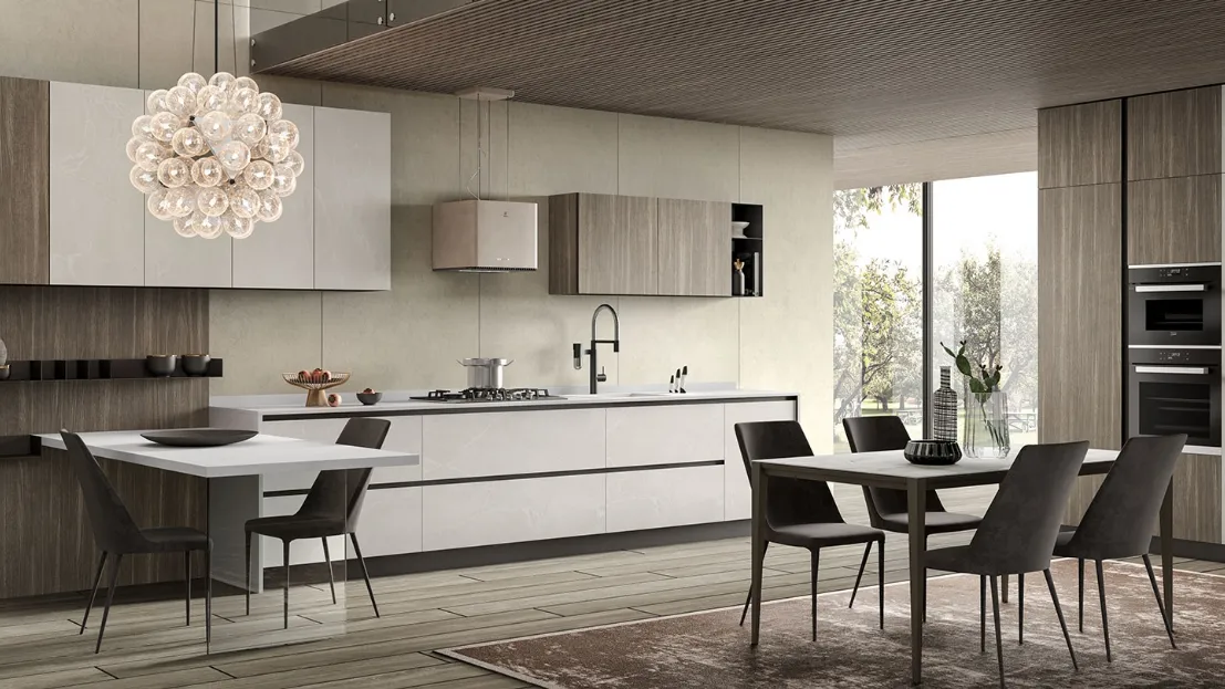 Cucina Moderna con penisola Stratos in HPL kandia white e hidalgo aragona di Mobilturi